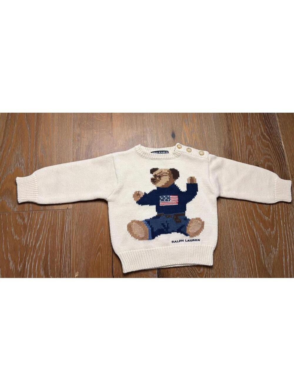 NWT Ralph Lauren Cream Baby Sweater with Bear Motif Cozy Knit Size 6M-12M